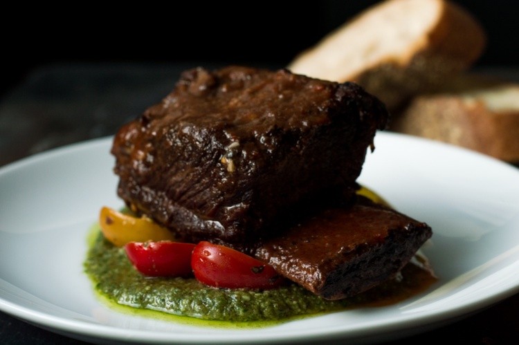 Braised Short Rib, Marinated Tomatoes, Baguette, Walnut Pesto