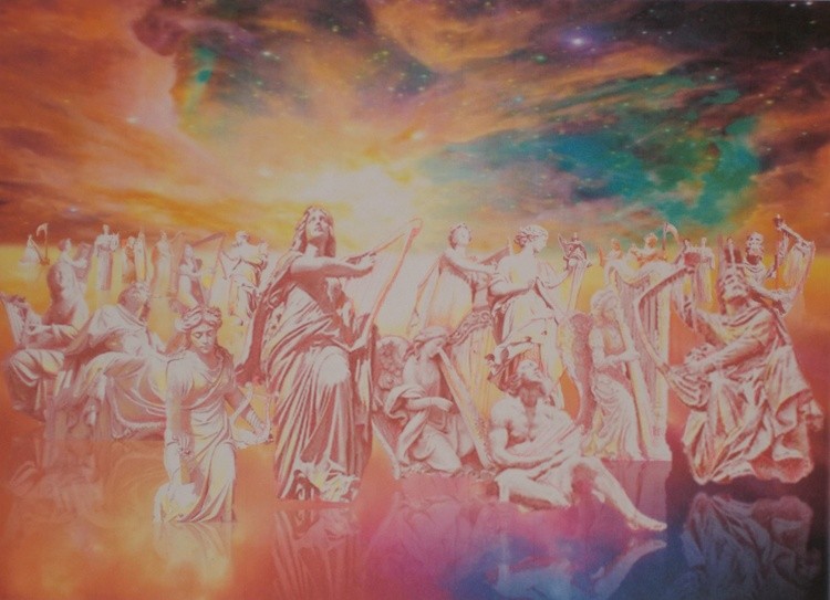Harpists on the lake of fire and glass