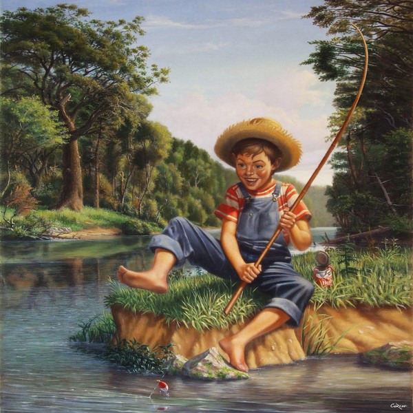 Square Art -  Boy Fishing In River