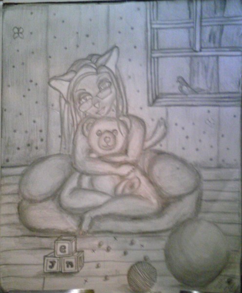 Catgirl Jen cuddling teddybear
