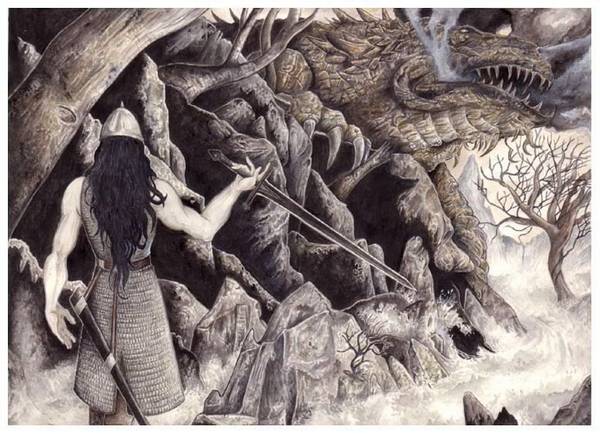 Túrin Turambar stands before Glaurung