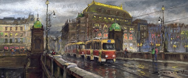 Prague Red Tram National Theatre Legii Bridge