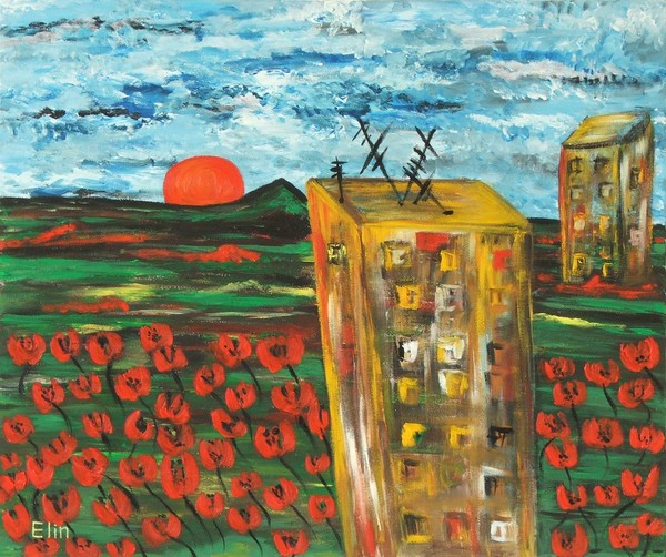 Urban landscape with poppies