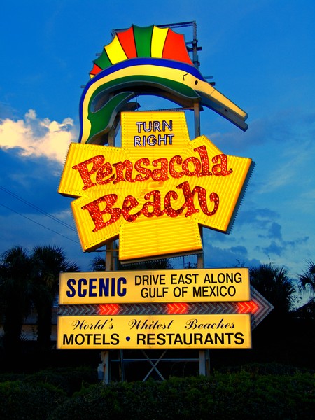 Pensacola Beach Sign at Dusk