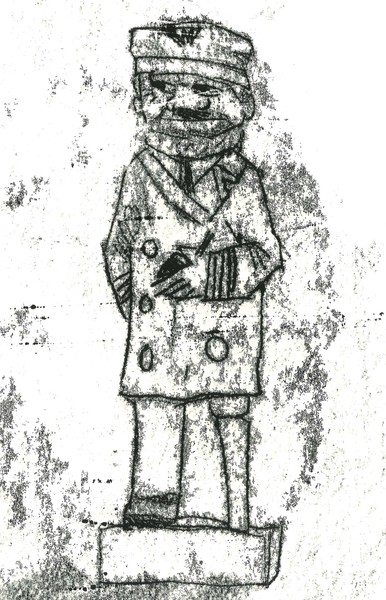 Monoprint: 'Sea Captain' carved wooden figure