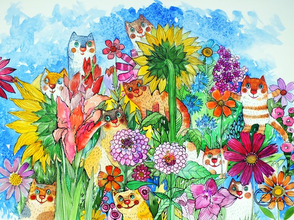 summer, flowers, cats