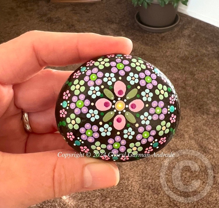 Brown Pastel Flower Mandala Dot Art River Stone. 
