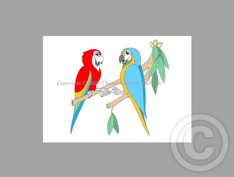 Whimsical Macaws Passing the Doobie Illustration
