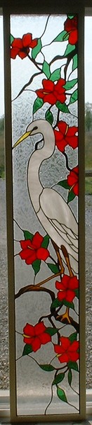 Heron and Hibiscus stained glass side panel