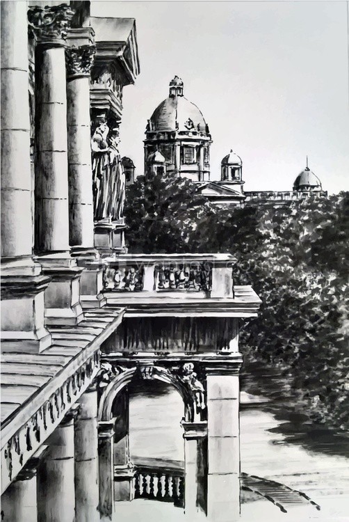 The building of the Old Palace and a view of the building of the Assembly of Serbia. An ink graphic 