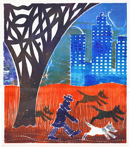 Jigsaw monoprint: Man with dogs