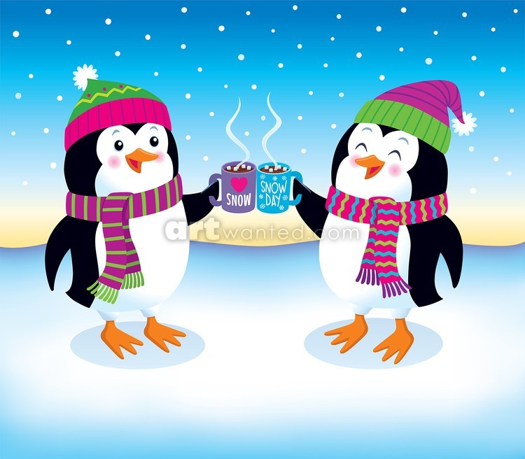 Penguins Toasting with Mugs of Hot Cocoa