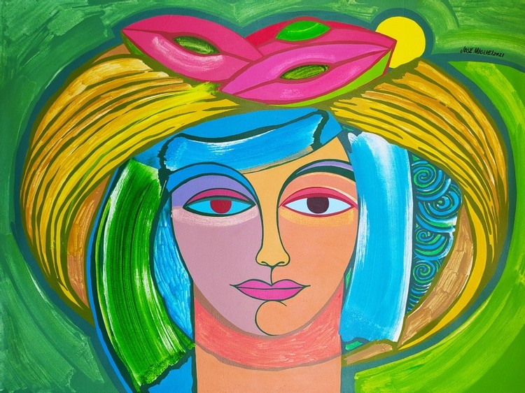 Woman with hat with fruits