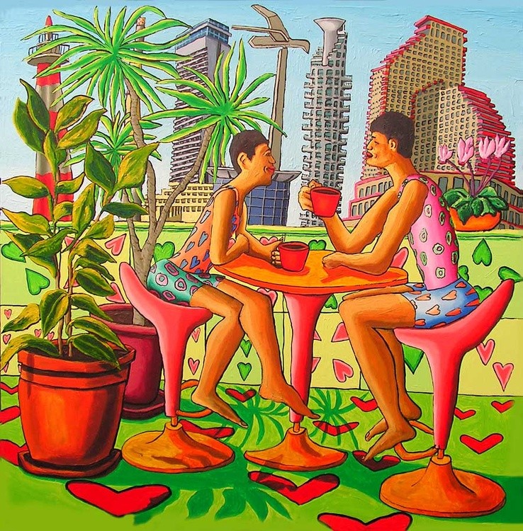 2 hommes raphael perez peintre israélien artiste naïf peinture oeuvre d'art primitif