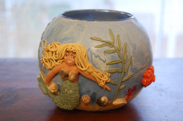 Polymer clay covered glass bowl, mermaid