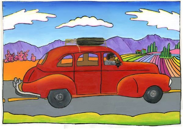 Chili goes for a ride in the 38 Buick