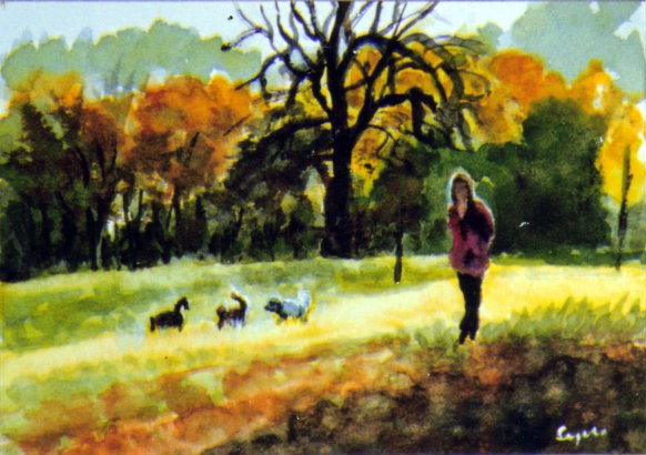 WALKING THE DOGS, AUTUMN, HAMPSTEAD HEATH, LONDON