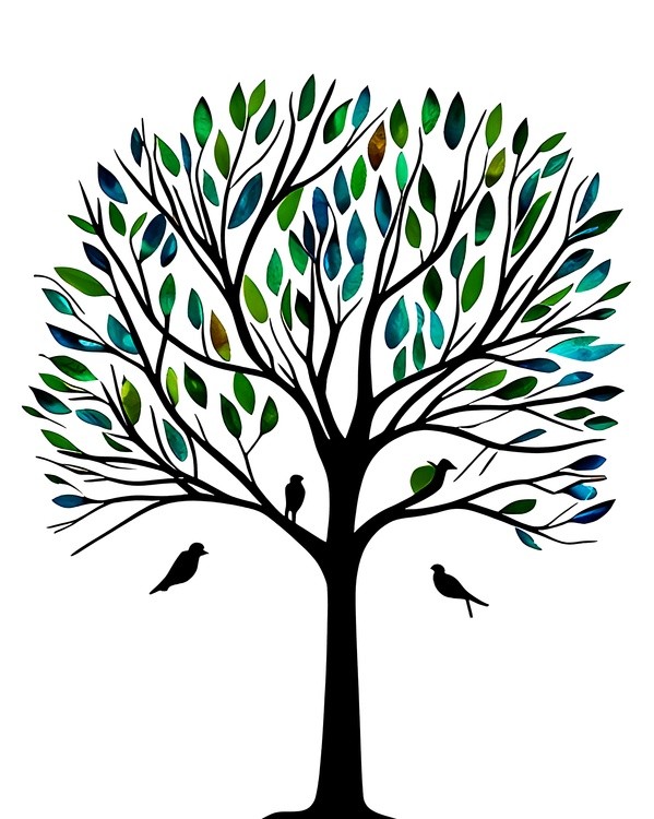Watercolor tree and birds