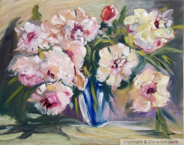 Peonis in a blue vase