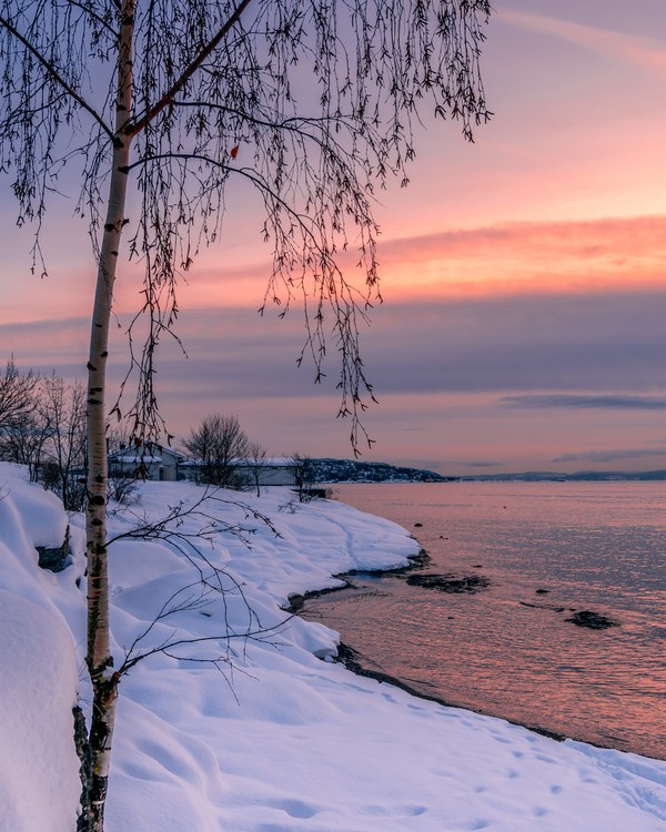 Sunset on snowy beach