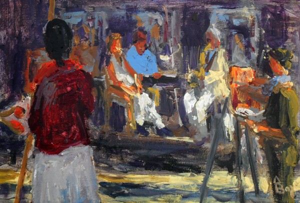 The band, the model and the painters