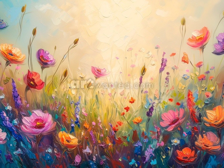 Spring Print, Flower Field Landscape Printable Art, Flower Meadow Oil Painting, Vintage Style decor