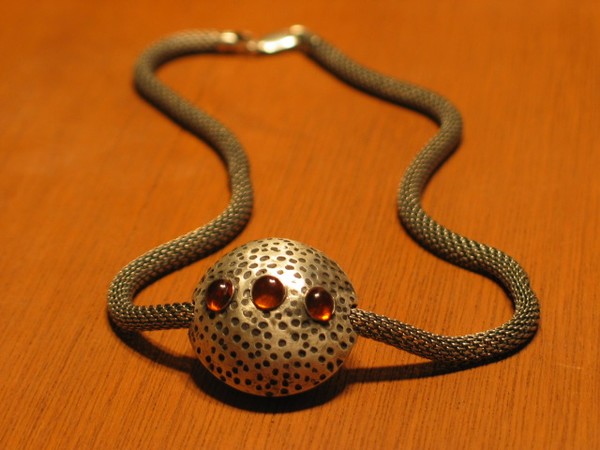 Textured Sterling Silver Ball w\ Amber Cabochons
