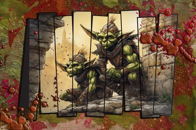 goblins with abstract frame with splatter