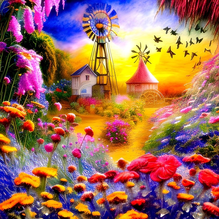 Bright farm and flowers sunset