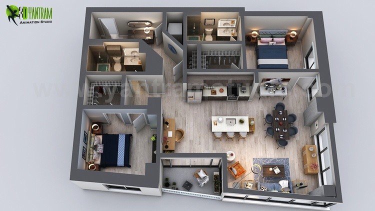 3d home floor plan design of Unique residential apartment by architectural modeling firm, Paris