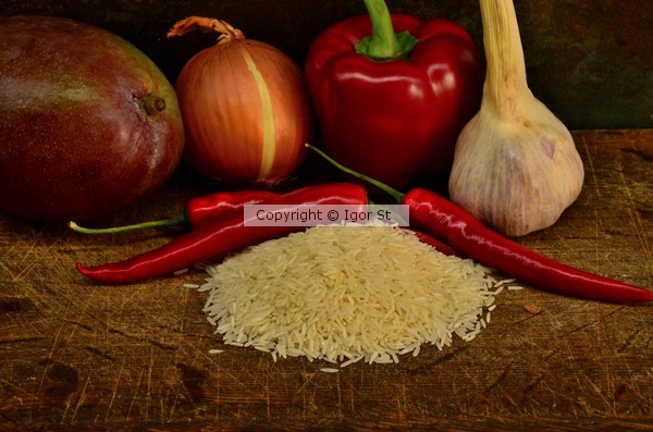  mango, rice, onion, bell pepper , chili , rustic 