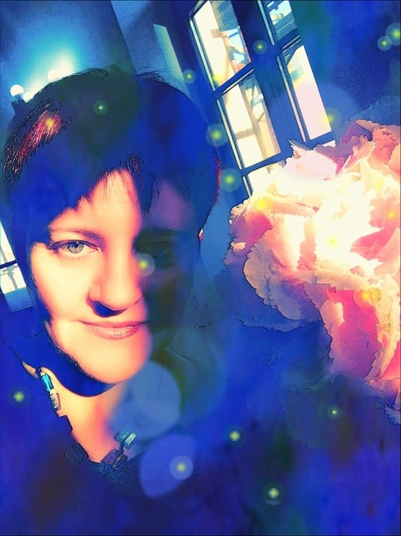 Self-portrait with hydrangea