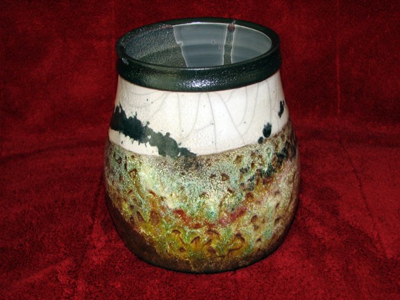 Rainbow and White Crackle Raku Pot