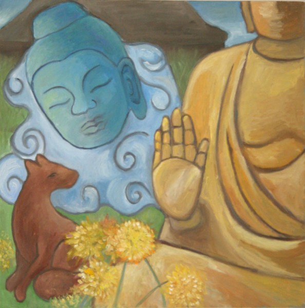 Kitsunesan Meets Buddha in the Temple Garden