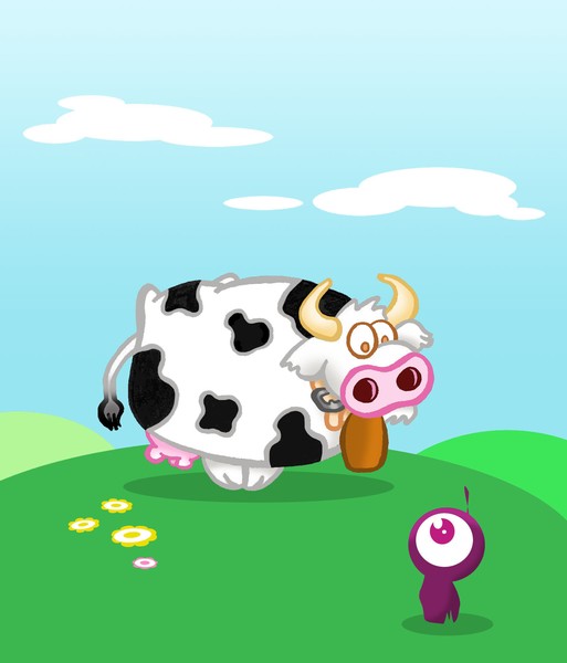 The cow and the strange eye on the grass