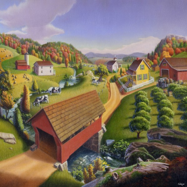 Square Art - Red Covered Bridge Landscape