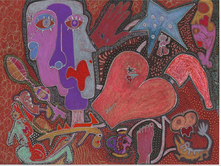Bohemian vanity 9.5 x12 drawing on paper pastel, colored pencils, makeup, oil..(c) 2002 elton houck