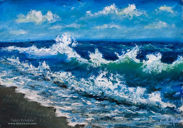 Oil Painting: Wind plays with sea wave off the coa