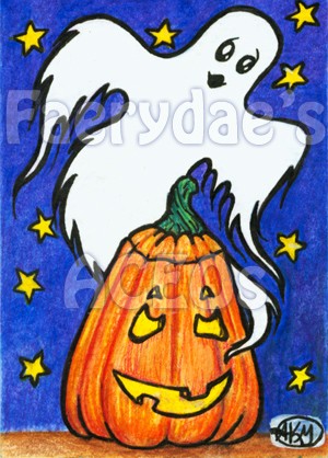 Spooky Buddies ACEO ~ Halloween Ghost & JOL