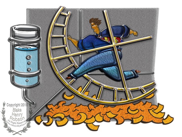 Caged Man Jogging Hamster Wheel