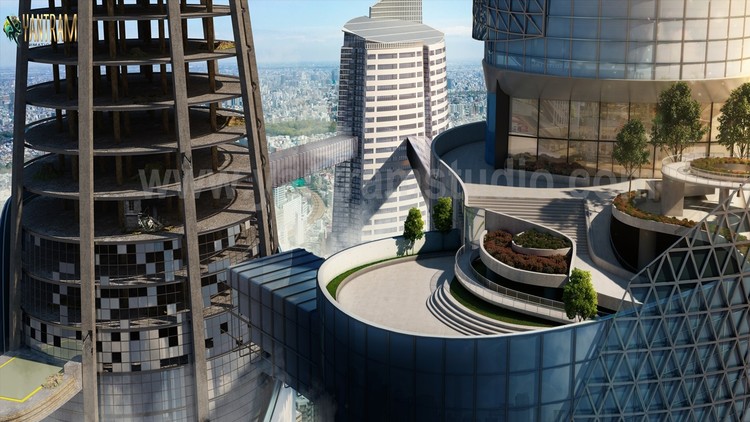 Contemporary Sky Scene Exterior Architectural Rendering High-Rise landscaping View