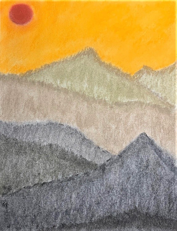 Mountain lanscape red sun filtered