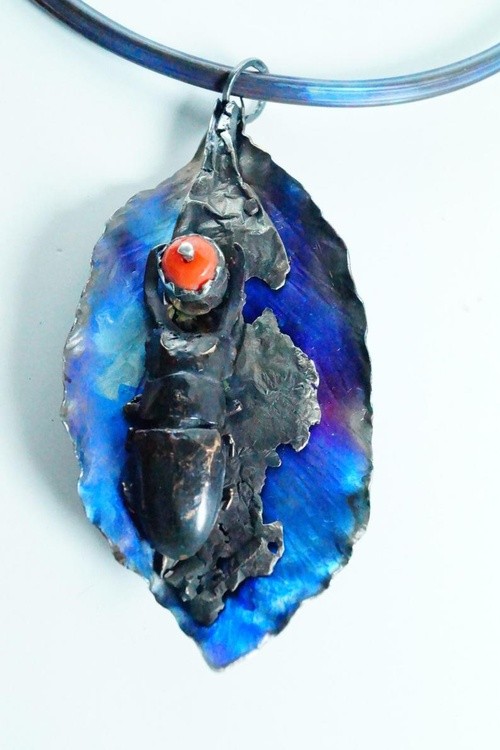 SOLD ,Beetle Sculpture Necklaces Natural cast in bronze