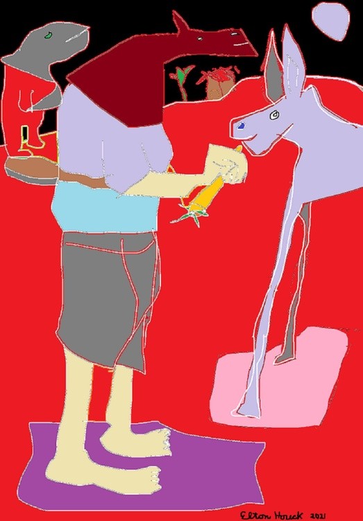 Dr. Fauci  carrot luring a donkey to put a mask on him...(c)..2021..elton houck...