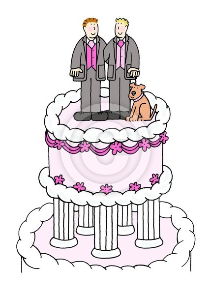 Two grooms and a cake.