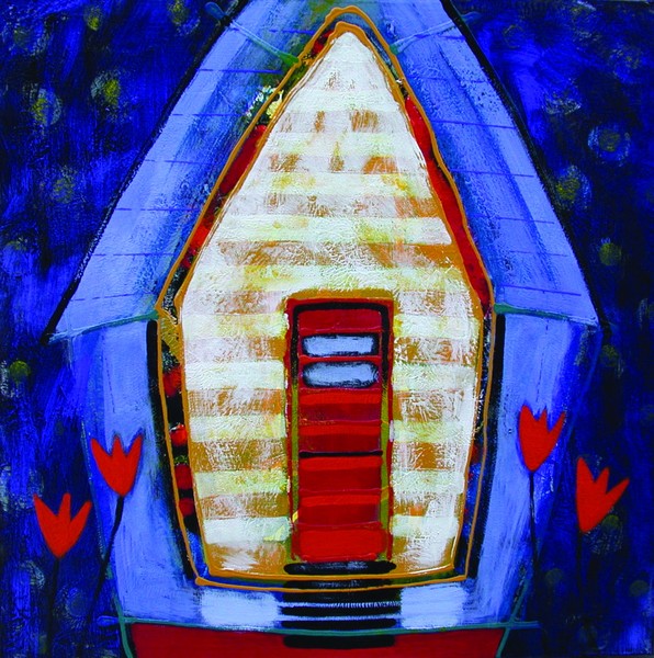 Blue house with tulips