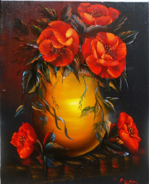 Poppies in a gold vase