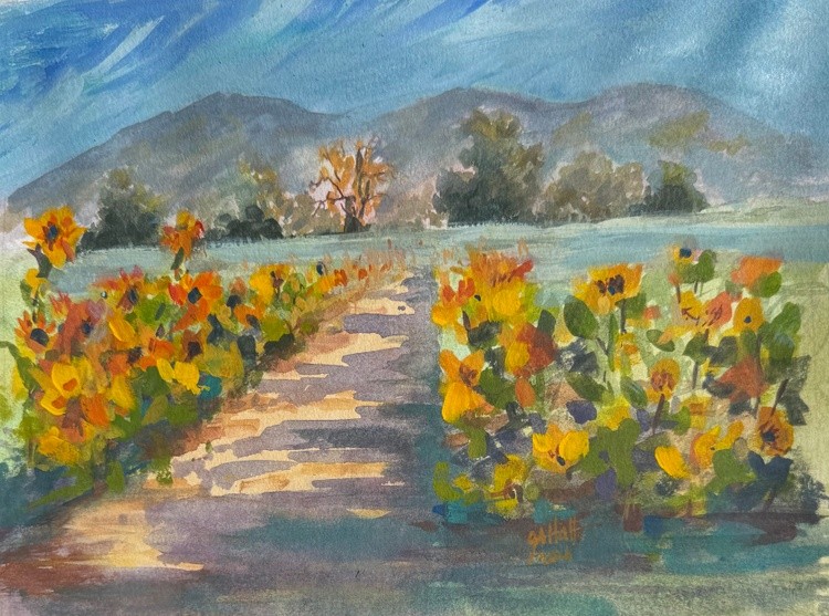 $120 Sunflowers at Cross E Ranch 10”x8” gouache and watercolor on paper 