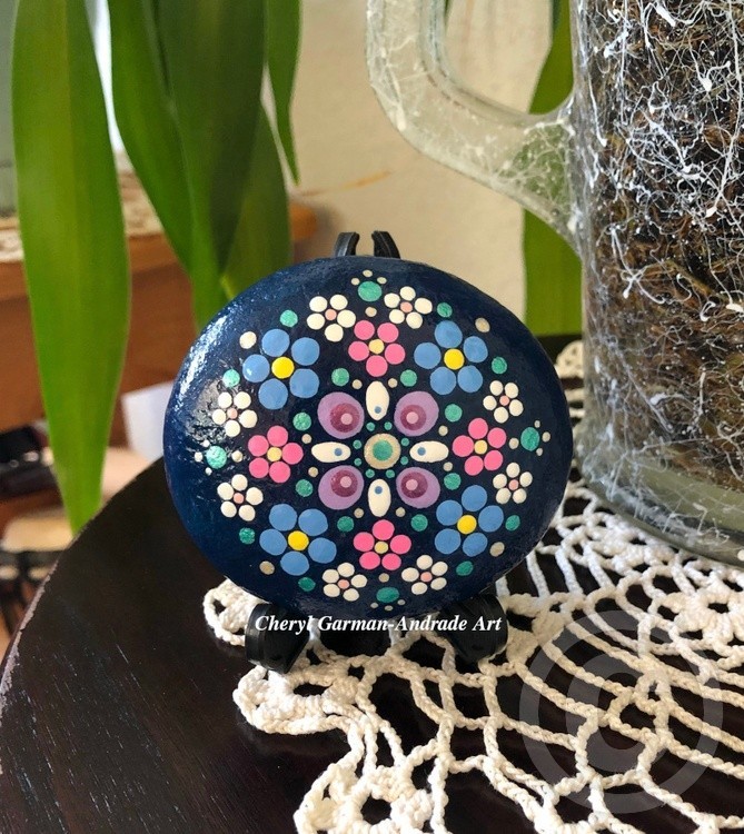 Blue Flower Mandala Dot Art River Stone
