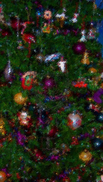 Christmas tree, ornaments, tinsel & colorful light